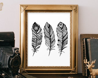 Feather Artwork Feather Art Print Feather Decor Black Feathers Bohemian Decor Bohemian Artwork Feather Wall Decor Bohemian Art BD-239
