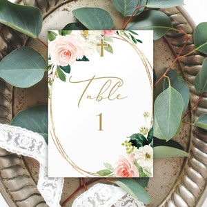 Baptism Table Number, Christening Decorations, Pink Baptism, Instant Download, Baptism Girl Decorations, Communion Table, Gold Baptism, 0144