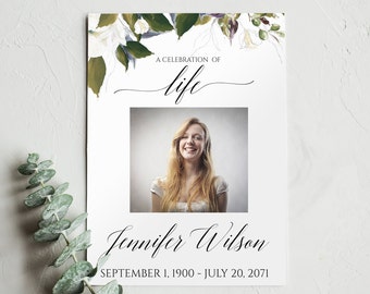 Celebration of Life Program Template, Funeral Program Template, Floral Greenery Funeral Announcement, Memorial Service Template, PDF, 0081