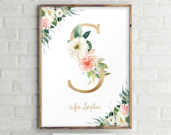 Baptism Gift for Goddaughter, Personalized Nursery Wall Art, Floral Monogram Letter, Monogram Name Nursery Prints, Shabby Chic Decor, 1124