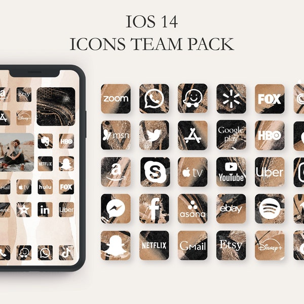 Bohemian IPhone iOS 14 App icons Theme Pack, Black Cream Blush App Covers, Beige Aesthetic Home Screen, IOS Boho Wallpaper, Widgets, 9059