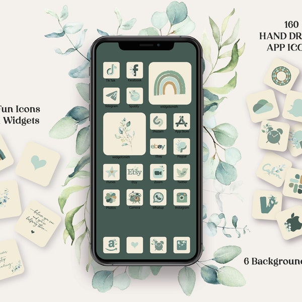 Greenery iPhone App Icons, iPhone Icons, iOS 14 Icons, Ios 14 aesthetic, Boho Vintage, App Covers, Highlight Icons, Retro App Icon, 9093
