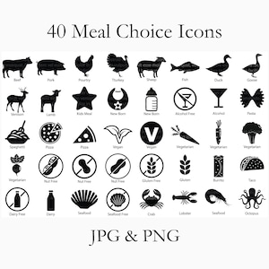 40 icônes de choix de repas PNG et JPG, fond Transparent, icônes numériques de choix de repas, clipart de boeuf, PNG végétarien, poulet Png, noix, 8000