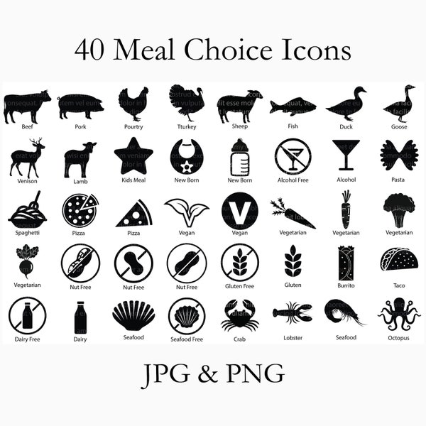 40 Meal Choice Icons PNG and JPG, Transparent Background, Digital Meal Choice Icons, Beef Clip art, Vegetarian PNG, Chicken Png, Nut, 8000