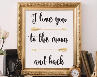 Typographic Art I Love You to the Moon and Back Wall Art Inspirational Quote Black and White Print Typographic Print Nursery Decor