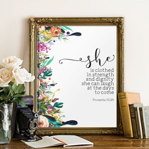 Nursery bible verse art print, She is clothed in strength and dignity, Proverbs 31:25, Scripture art print Nursery wall art Christian BD-573