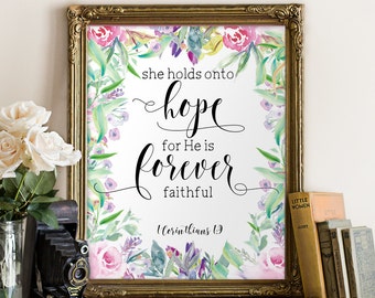 Bible verse print, Bible verse wall art, Printable art, She holds onto hope, Christian wall art, Downloadable Verse 1 corinthians 1:9 BD1041