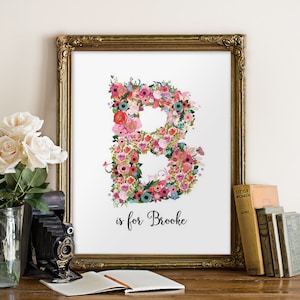 Personalized nursery wall art, Floral monogram letter, Nursery monogram, Nursery decor, Printable letters, Personalized gift, Digital BD-856 image 1