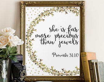 Bible verse, Proverbs 31:10, nursery wall art, She is more precious than jewels, bible verse print, scripture art, home decor, bible BD-527