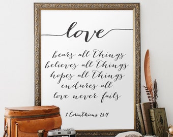 Wedding quote from the bible verse print wall art decor poster love quote anniversary gift 1 Corinthians 13:7 Printable verses BD-276