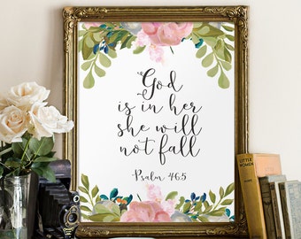 Bible verse wall art, psalm 46:5, Scripture art, God is within her she will not fall, Printable wall decor, Nursery bible verses BD-529