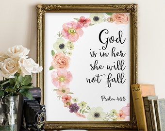 Psalm 46:5 Printable wall decor Bible verses God is within her she will not fall Nursery verse print decor scripture art printable BD-356