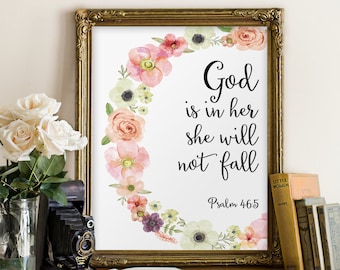 Psaume 46: 5 Décoration murale imprimable versets de la Bible Dieu est en elle, elle ne tombera pas, impression de vers pour chambre d'enfant, impression d'art biblique, impression BD-356