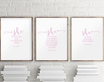 Set of 3 print, Pink art, Scripture art print, Baby girl nursery decor, Nursery wall art, Baby shower gift, Nursery quotes print BD-1042