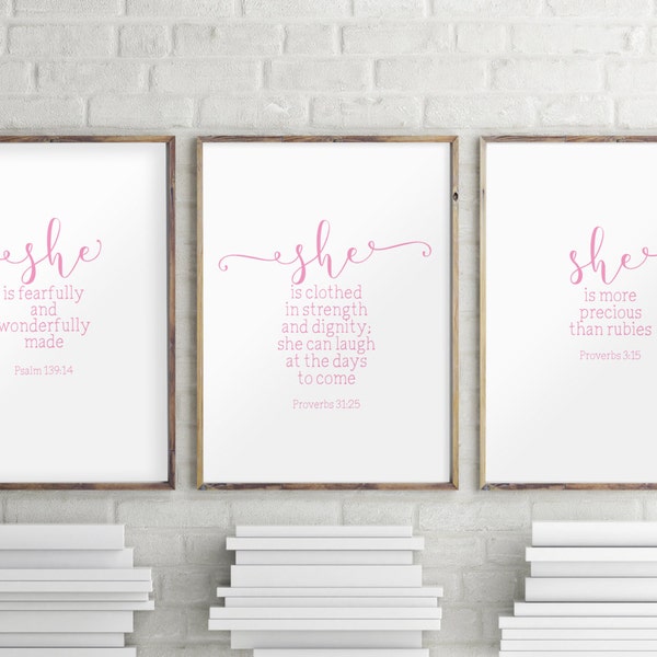 Set of 3 print, Pink art, Scripture art print, Baby girl nursery decor, Nursery wall art, Baby shower gift, Nursery quotes print BD-1042