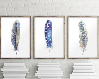 Printable art, Set of 3 prints, Feather print, Bohemian decor, Watercolor feather wall art decor, Feather poster decor, Home decor BD-992