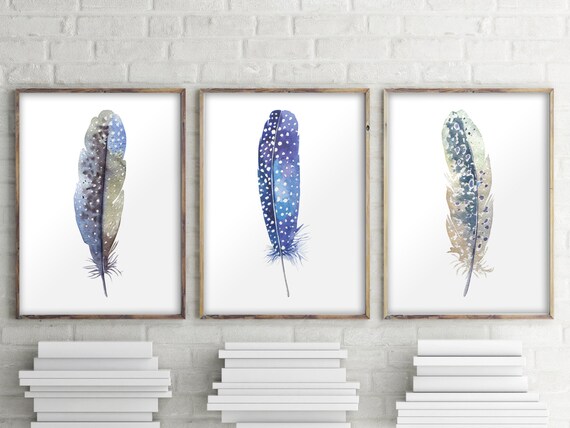 Printable art, Set of 3 prints, Feather print, Bohemian decor, Watercolor feather wall art decor, Feather poster decor, Home decor BD-992