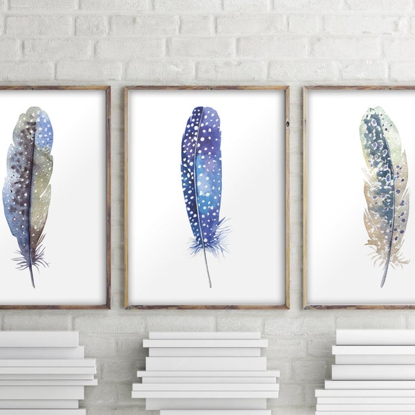 Printable art, Set of 3 prints, Feather print, Bohemian decor, Watercolor feather wall art decor, Feather poster decor, Home decor BD-992