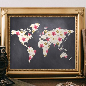 World Map Print, Printable Art, 8x10 Print, World Map Art, Floral World ...