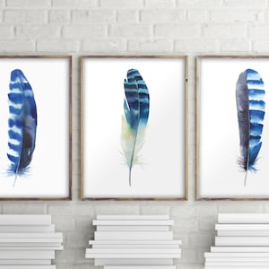 Feather art print, Set of 3 prints, Home decor, Bohemian decor, Watercolor feather, Wall art decor, Feather poster decor,  Room decor BD-993