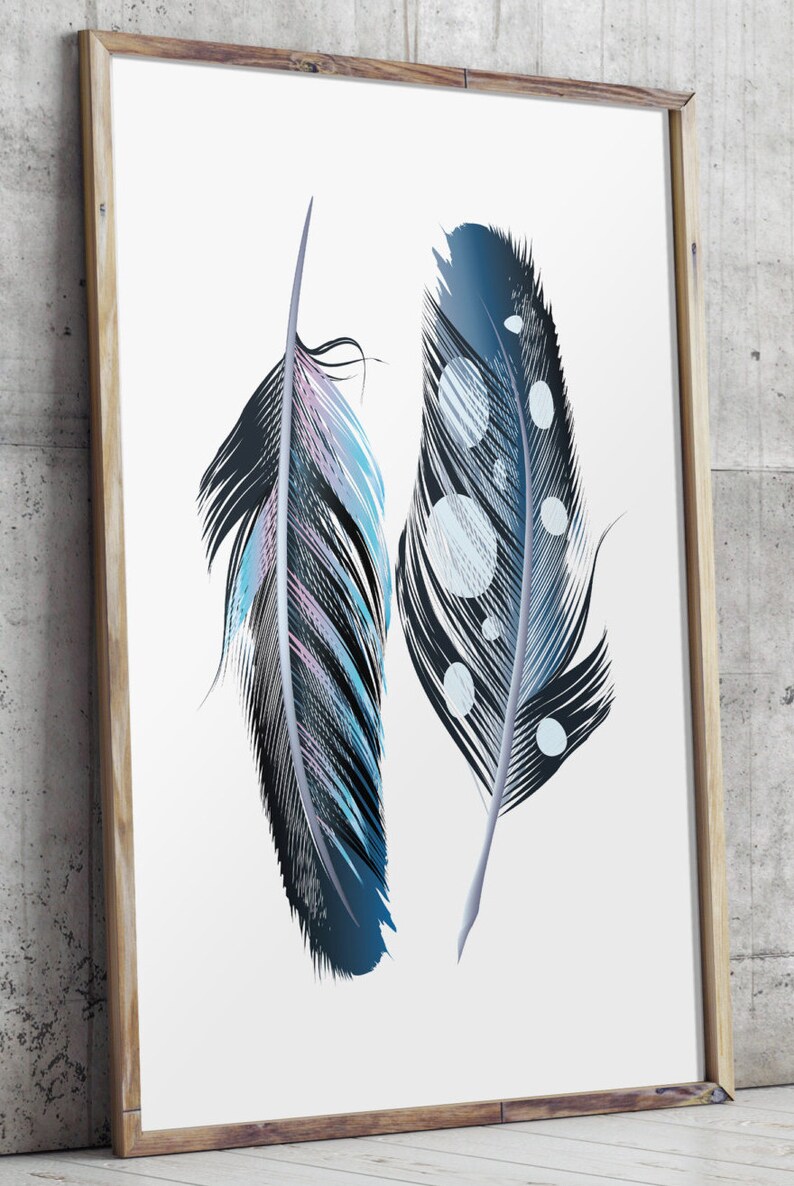 Navy Feather Art Feather Art Print Home Decor Blue Etsy