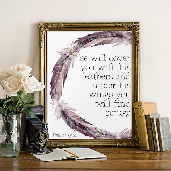Printable art He will cover you with his feathers psalm 91:4 Scripture print Christian wall art print Bible verse art print nursery BD-363