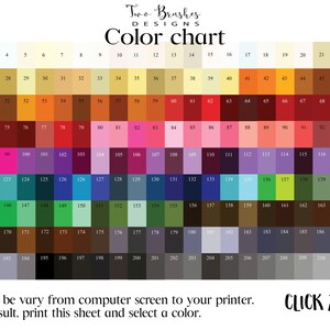 Peut inclure: Nuancier de couleurs avec 213 &eacute;chantillons de couleurs diff&eacute;rents dispos&eacute;s en grille. Chaque &eacute;chantillon est num&eacute;rot&eacute; de 1 &agrave; 213. Le nuancier est intitul&eacute; "Two Brushes Designs Color Chart".