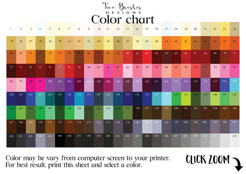 Peut inclure: Nuancier de couleurs avec 213 &eacute;chantillons de couleurs diff&eacute;rents dispos&eacute;s en grille. Chaque &eacute;chantillon est num&eacute;rot&eacute; de 1 &agrave; 213. Le nuancier est intitul&eacute; "Two Brushes Designs Color Chart".