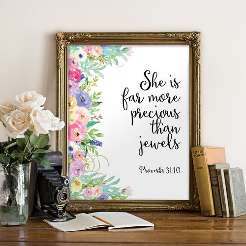 Elle est plus précieuse que des bijoux, plus précieuse que des bijoux, Proverbes 31, Proverbes, Proverbes à imprimer, Art mural, verset biblique, Deux pinceaux