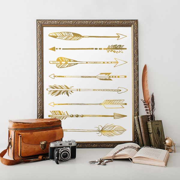 Gold foil print Tribal arrow art print printable wall art decor trendy arrows dorm decoration drawing hand drawn digital illustration Prints