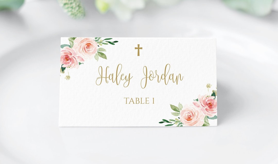 Baptism Place Cards, Baptism Decoration, Place Card Template, First