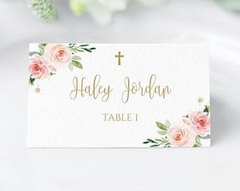 Baptism Place Cards, Baptism Decoration, Place Card Template, First Communion Place cards, Floral Baptism Decor, Editable Baptism, 1143