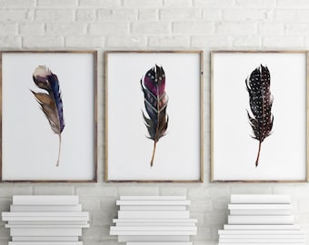 Printable art, Set of 3 wall art, Feather art print, Home decor, Watercolor feather decor, Instant download, Nursery art, Digital art BD-755