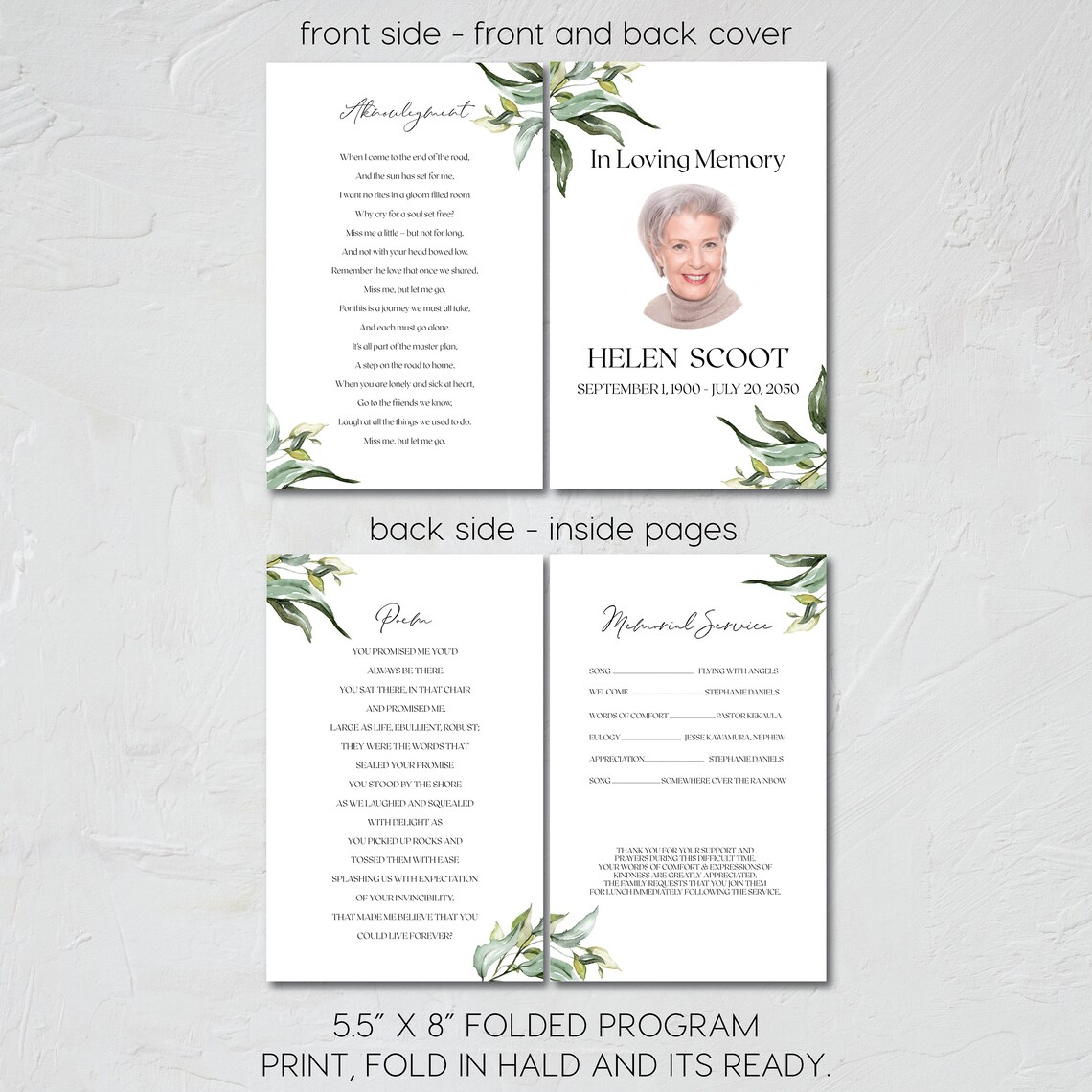 Funeral Program Template Folded Printable Funeral Program - Etsy