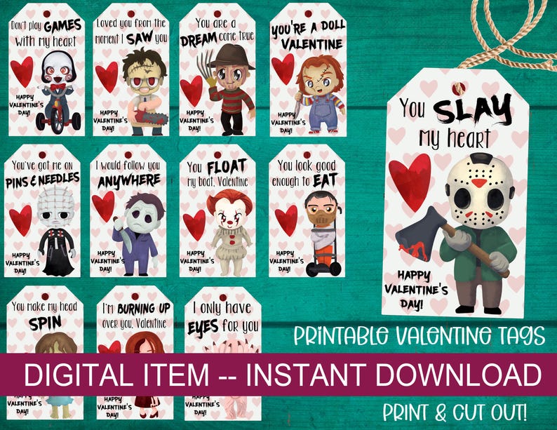Op de afbeelding: Printbare Valentijnsdag labels met horrorfilmkarakters en grappige zinnen. De labels, met een witte achtergrond en rode harten, bevatten zinnen als "You slay my heart" en "You've got me on pins & needles". Klaar om af te drukken en uit te knippen.
