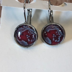 May include: A pair of silver dangle earrings with red and white abstract designs. The earrings have a lever back closure.