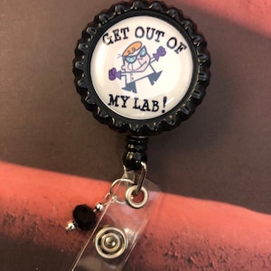 Cartoon scientist retractable badge reel Get Out of My Lab design Med Tech MLS MLT science bacteria laboratory week gift