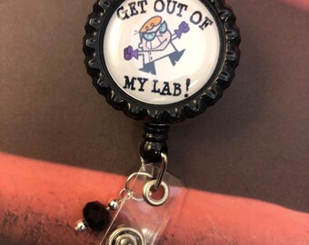 Cartoon scientist retractable badge reel Get Out of My Lab design Med Tech MLS MLT science bacteria laboratory week gift