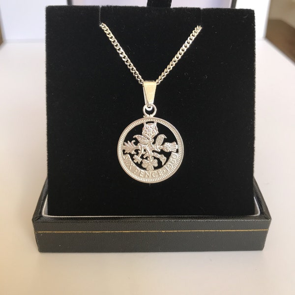 Pendant. Sixpence pendant silver plated with sterling silver chain. Years available 1953-1967