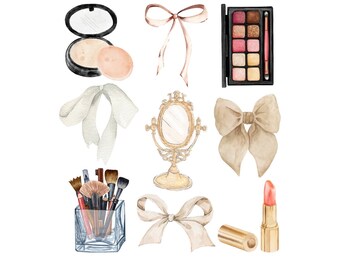 May include: A collection of makeup and beauty items, including a compact powder, eyeshadow palette, lipstick, makeup brushes, a hand mirror, and four bows in various colors.