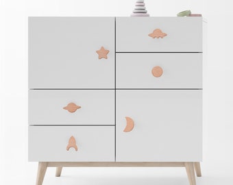 Set of 6 Space drawer knobs nursery . Handles baby dresser . Star Moon Saturn Rocket Planet drawer pulls