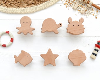 Ocean Animal Wooden Drawer Knobs - Kids Room Decor, Set of 6