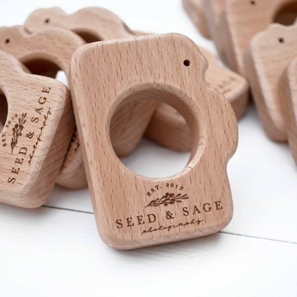 Wooden baby toy camera teether with logo, Unfinished wood shape, baby photographer client gift