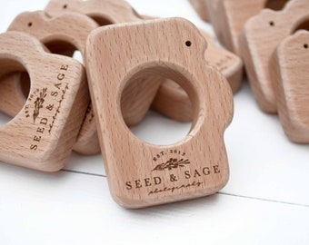Wooden baby toy camera teether with logo, Unfinished wood shape, baby photographer client gift
