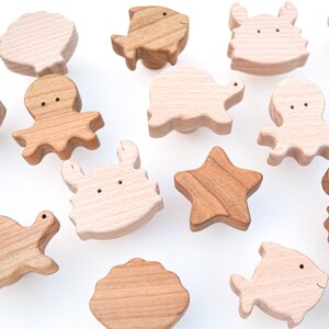 Wood dresser knobs for ocean theme nursery . Underwater animals kids room drawer knobs . Cute cabinet knobs for children&#39;s room