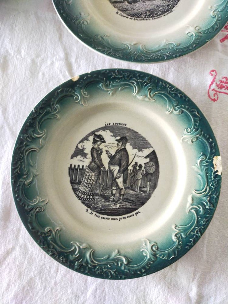 6 Old plates Terre de fer talking Plates Pexonne XIXth Set of 6 plates Terre de Fer 19th