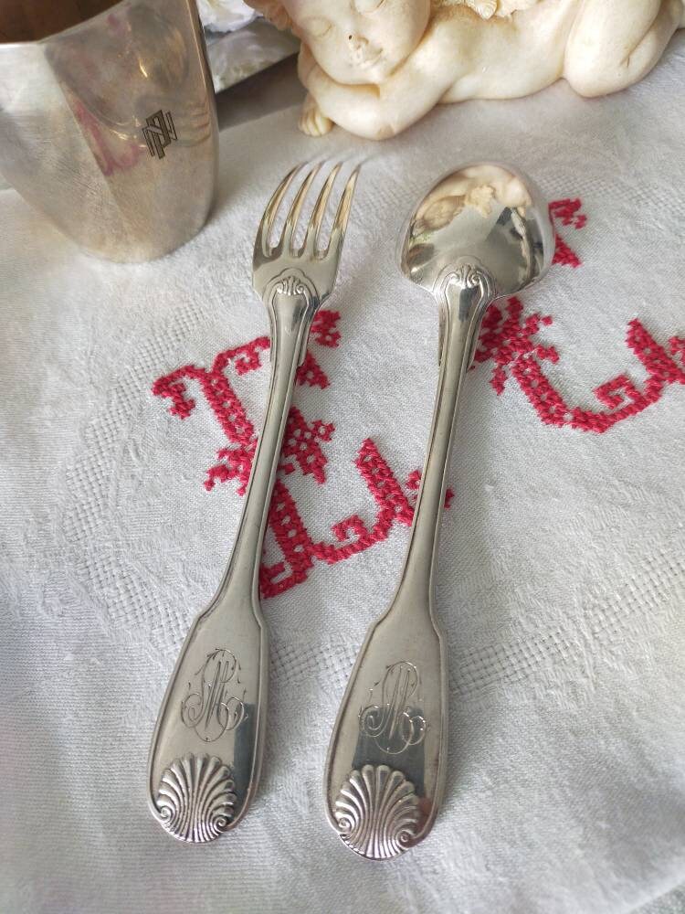 Christofle Couvert de Baptême Argent - Modèle Vendôme Couvert Christofle avec Monogramme Fourchette 