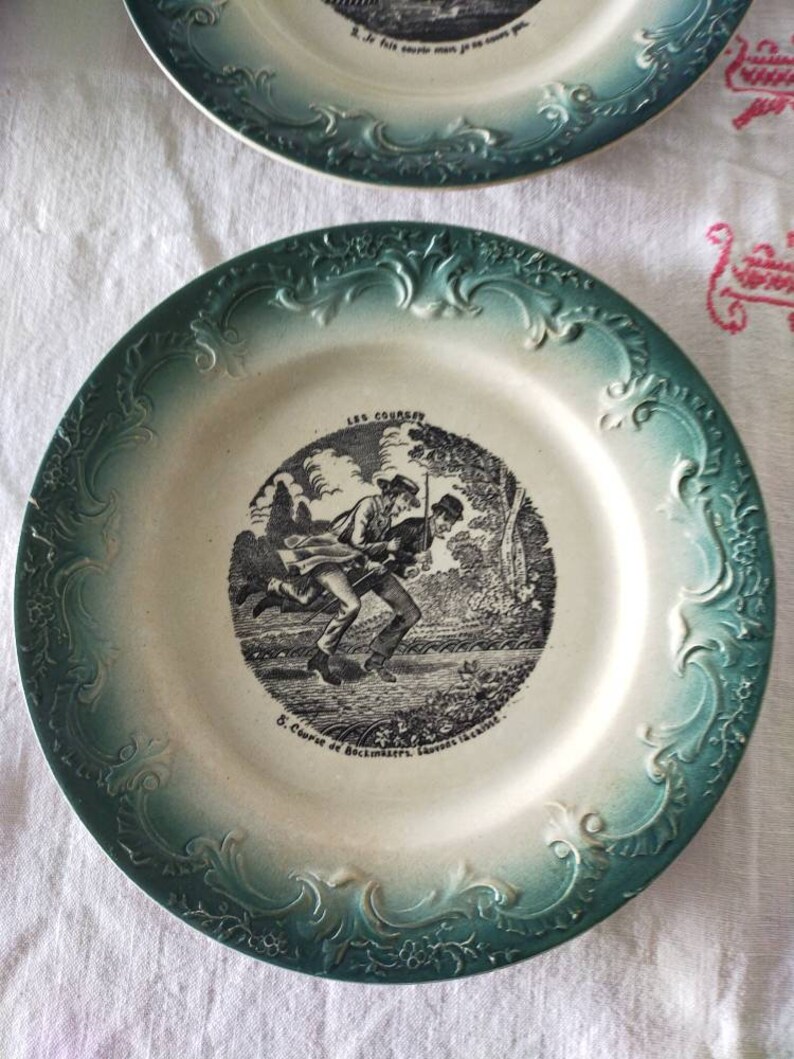 6 Old plates Terre de fer talking Plates Pexonne XIXth Set of 6 plates Terre de Fer 19th