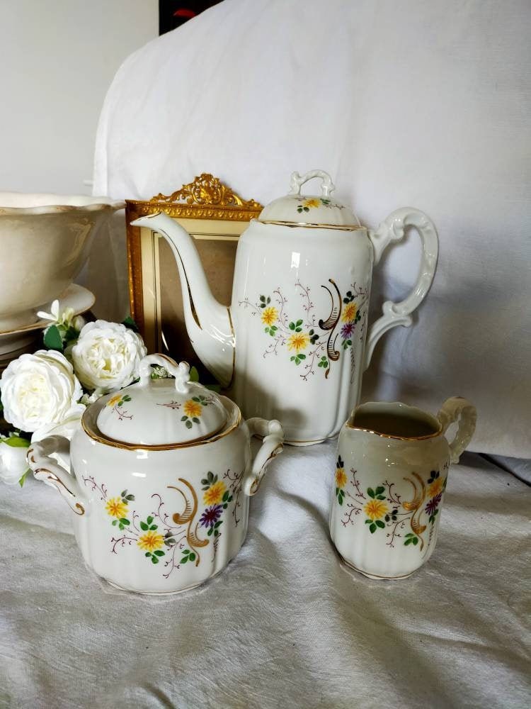 Antique Service à Café - 3 Pièces Année 50 Porcelaine Limoge Wg France 1950