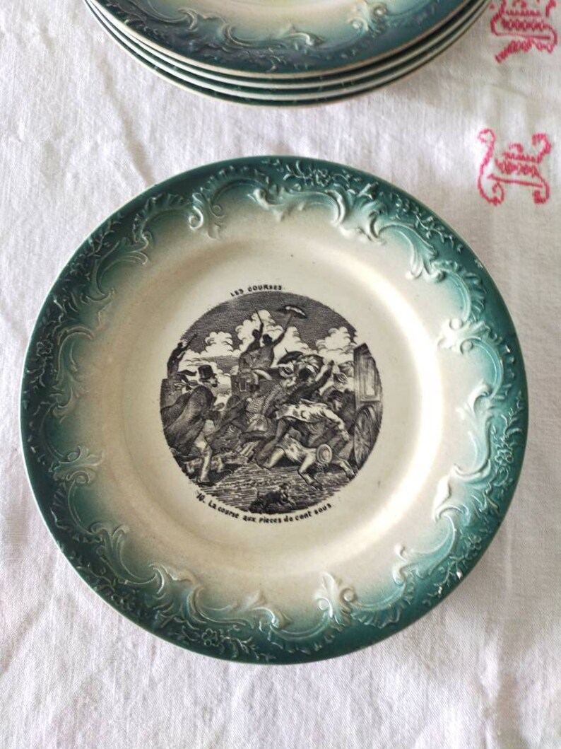 6 Old plates Terre de fer talking Plates Pexonne XIXth Set of 6 plates Terre de Fer 19th
